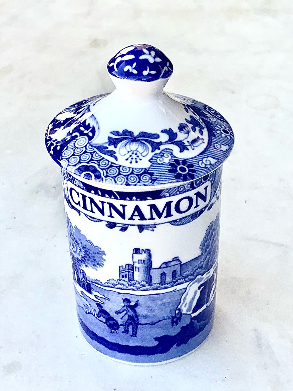 SPODE BLUE ITALIAN  Blue and White 'CINNAMON' Ceramic Spice Jar with Lid 4IN